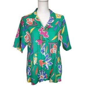 Vintage 90s Koret Button Front Shirt Short Sleeves Bright Color Floral Womens 16